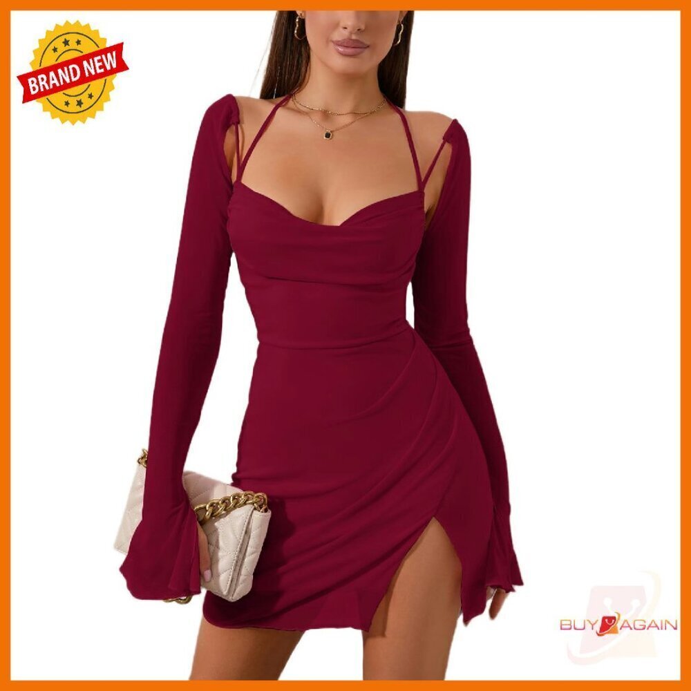 Sheer Mesh Halter Mini Dress Ruched Side Split Party Club